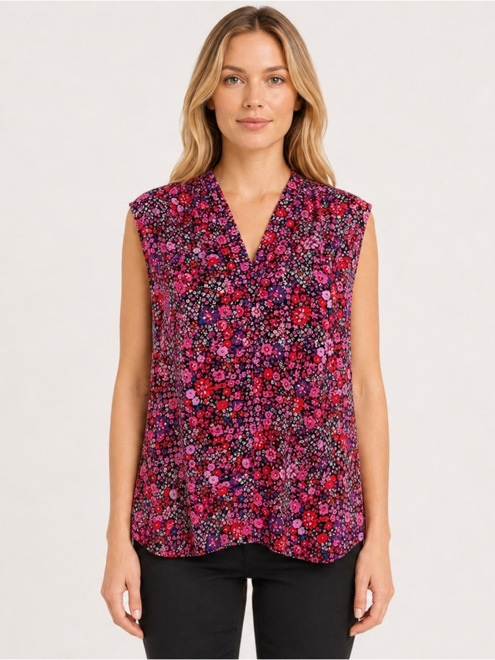 TAHARI Floral Print Sleeveless V-Neck Blouse Black/Red/Pink Size Large